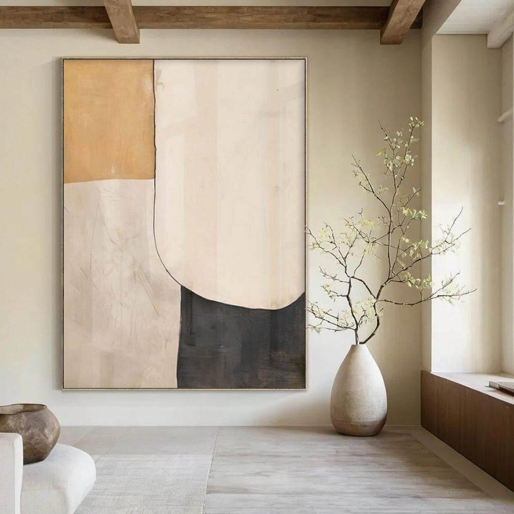 Beige, White, and Black Geometric Shapes "Minimalist Harmony" Abstract Geometric Painting On Canvas PS1044