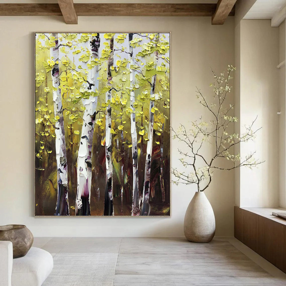 “Yellow - Green Birch Forest” - Impasto Landscape Painting On Canvas PT1282