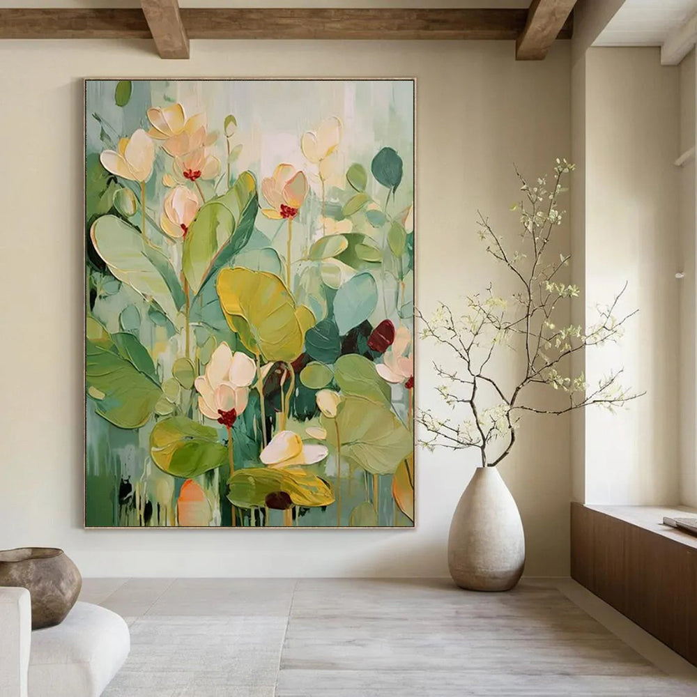 “Soft Green and White Florals” - Impasto Floral Painting On Canvas PT2237