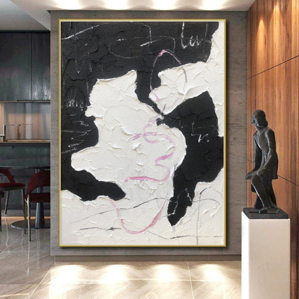 “Black - White Textured Abstraction” - Black, White, Pink Abstract Painting On Canvas PS0480
