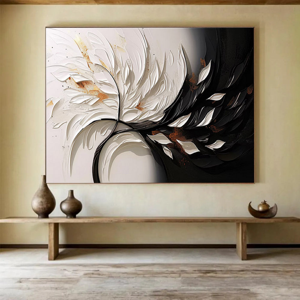 “3D Floral Contrast” - White, Black & Gold Floral, Textured Mixed - Media Painting On Canvas DKS746