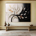 “3D Floral Contrast” - White, Black & Gold Floral, Textured Mixed - Media Painting On Canvas DKS746