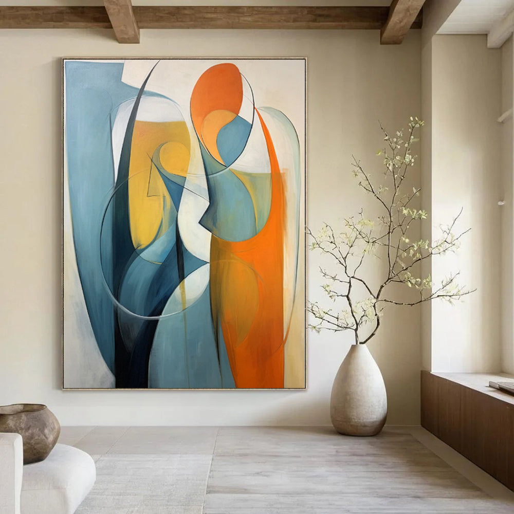 “Blue - Orange Abstract Figures” - Cubist Abstract Painting On Canvas PS0188