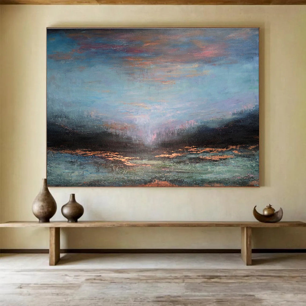“Colorful Dusk Reflection” - Blue, Pink & Orange Seascape, Impressionistic Oil Painting On Canvas DKS780
