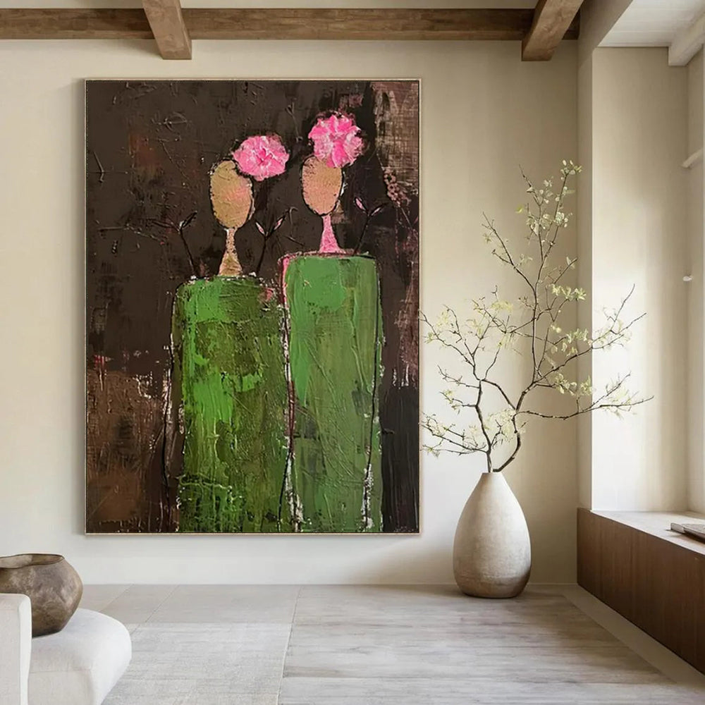 “Dark Green and Pink Abstract Figures” - Primitive Abstract Painting On Canvas PT2242