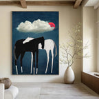 “Black & White Horses Under Red Moon” - Minimalist - Inspired Animal Painting On Canvas PT1418