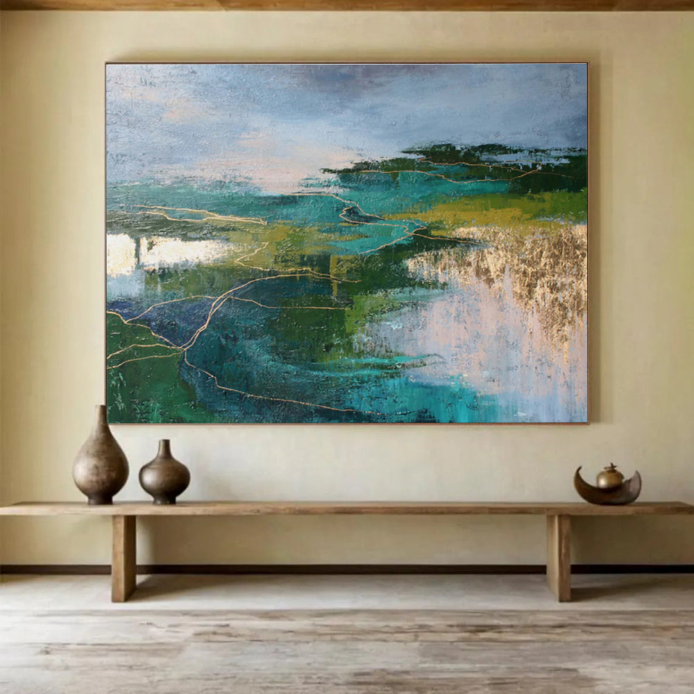 Teal and Green Abstract Landscape with Gold Lines Contemporary Abstract Painting On Canvas DKS127