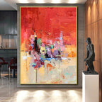 “Vibrant Red - Based Abstract Cityscape” - Expressive Abstract Painting On Canvas PS0291
