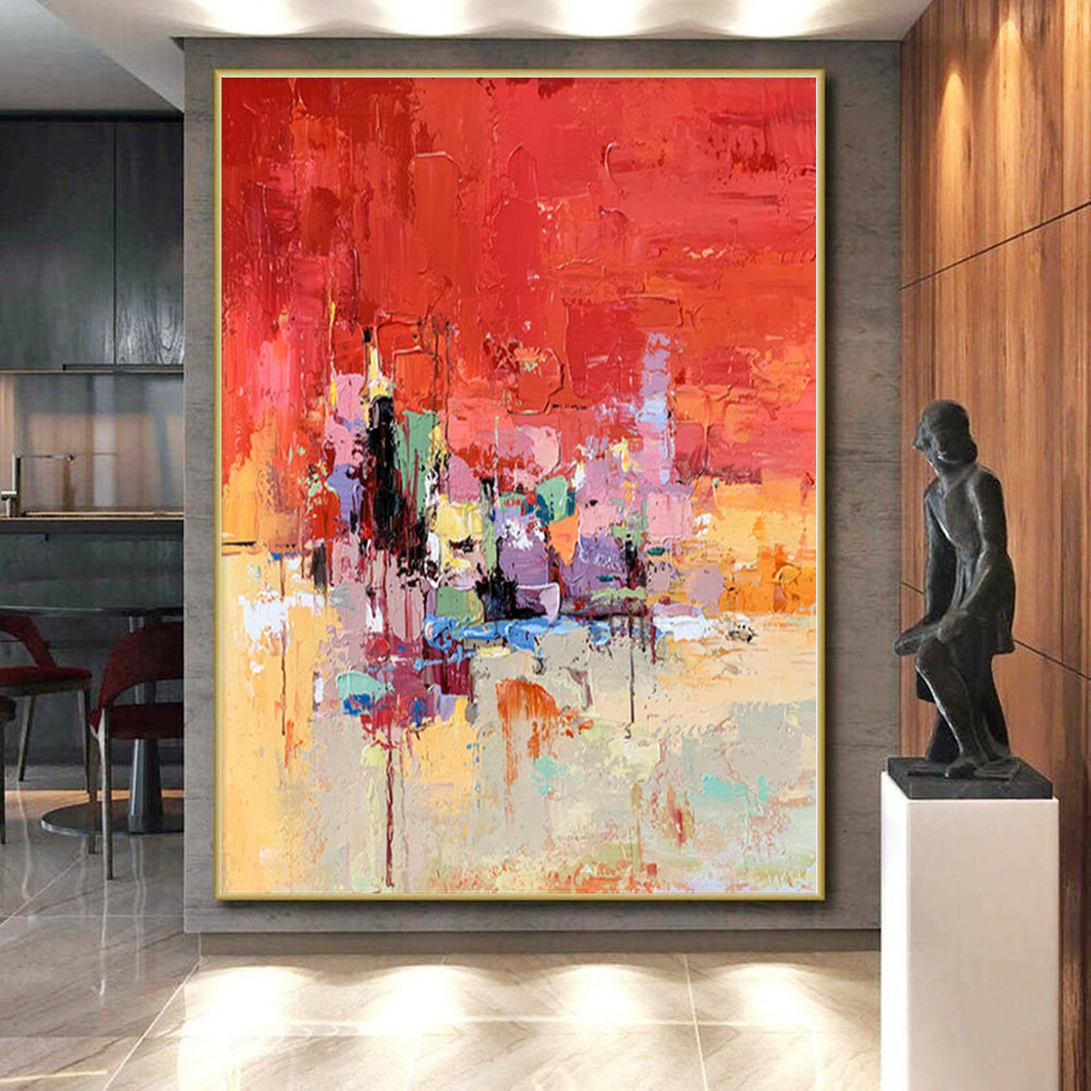 “Vibrant Red - Based Abstract Cityscape” - Expressive Abstract Painting On Canvas PS0291