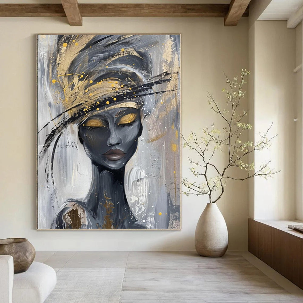 “Stylized Woman with Gold and Gray” - Contemporary Acrylic Painting On Canvas PT2197