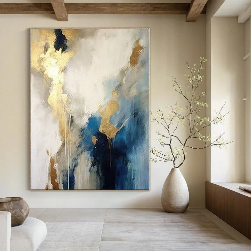 Blue, White, and Gold Abstract Echo - Repeated Flowing Color Painting On Canvas PS1240
