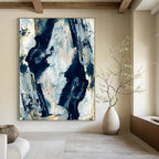 “Dynamic Blue & Gold Abstract” - Energetic Forms with Metallic Accents Painting On Canvas DS244