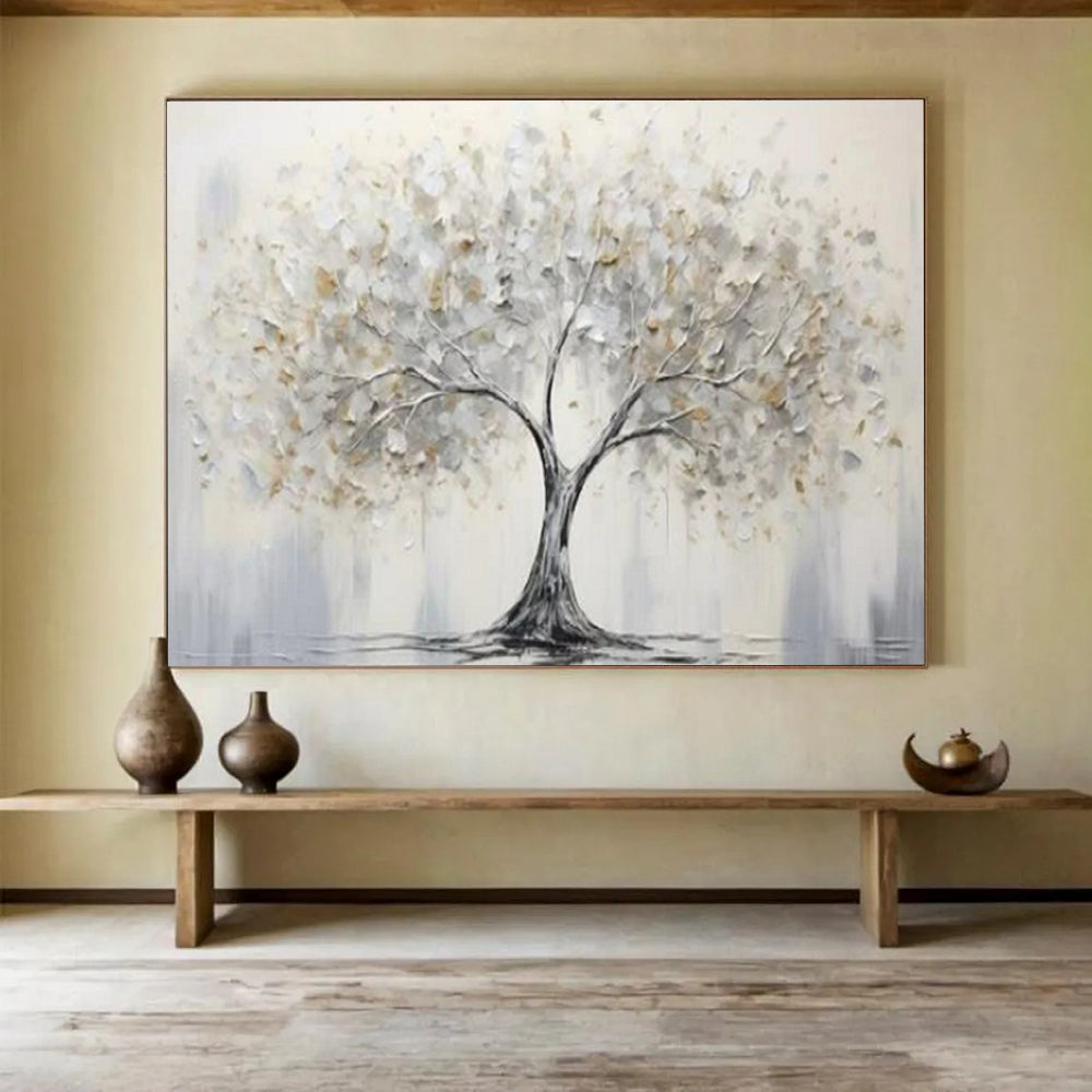 “Silver - Gold Tree” - Metallic Silver “Ethereal Tree” Painting On Canvas PT1619