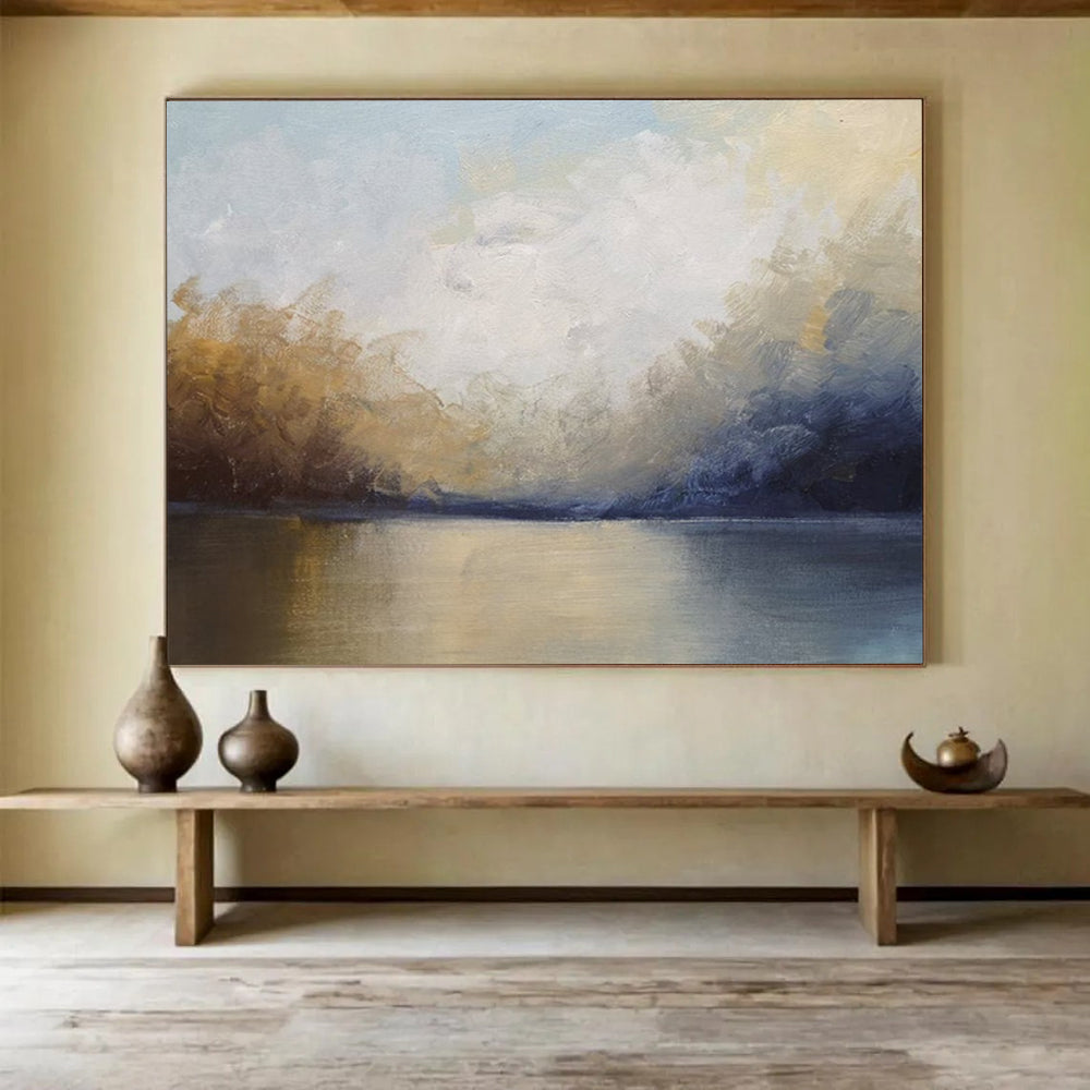 “Soft Lake Reflection in Blues and Golds” - Impressionistic Landscape Painting On Canvas PT041