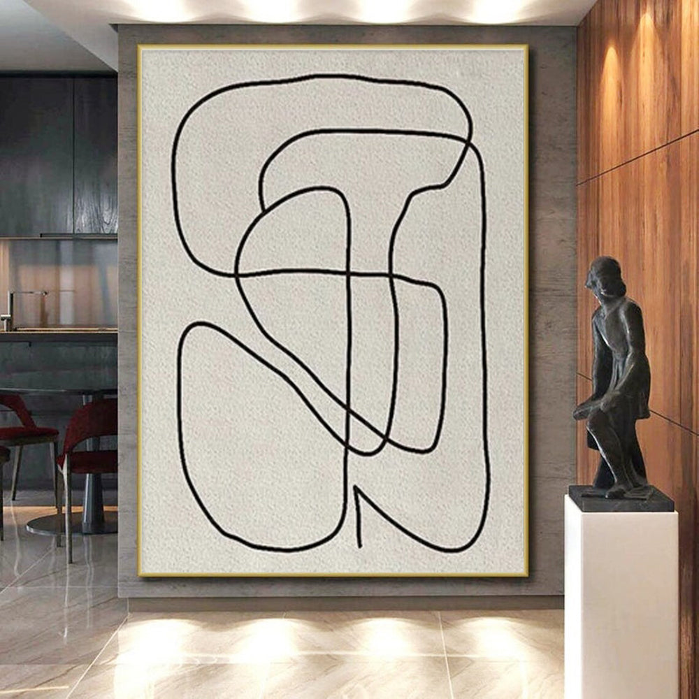 “Continuous Black Line Drawing” - Black, Beige Abstract Line Art Painting On Canvas PS0682