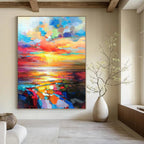 “Colorful Sunset Seascape” - Impressionistic Sunset Over Sea Painting On Canvas PT1064