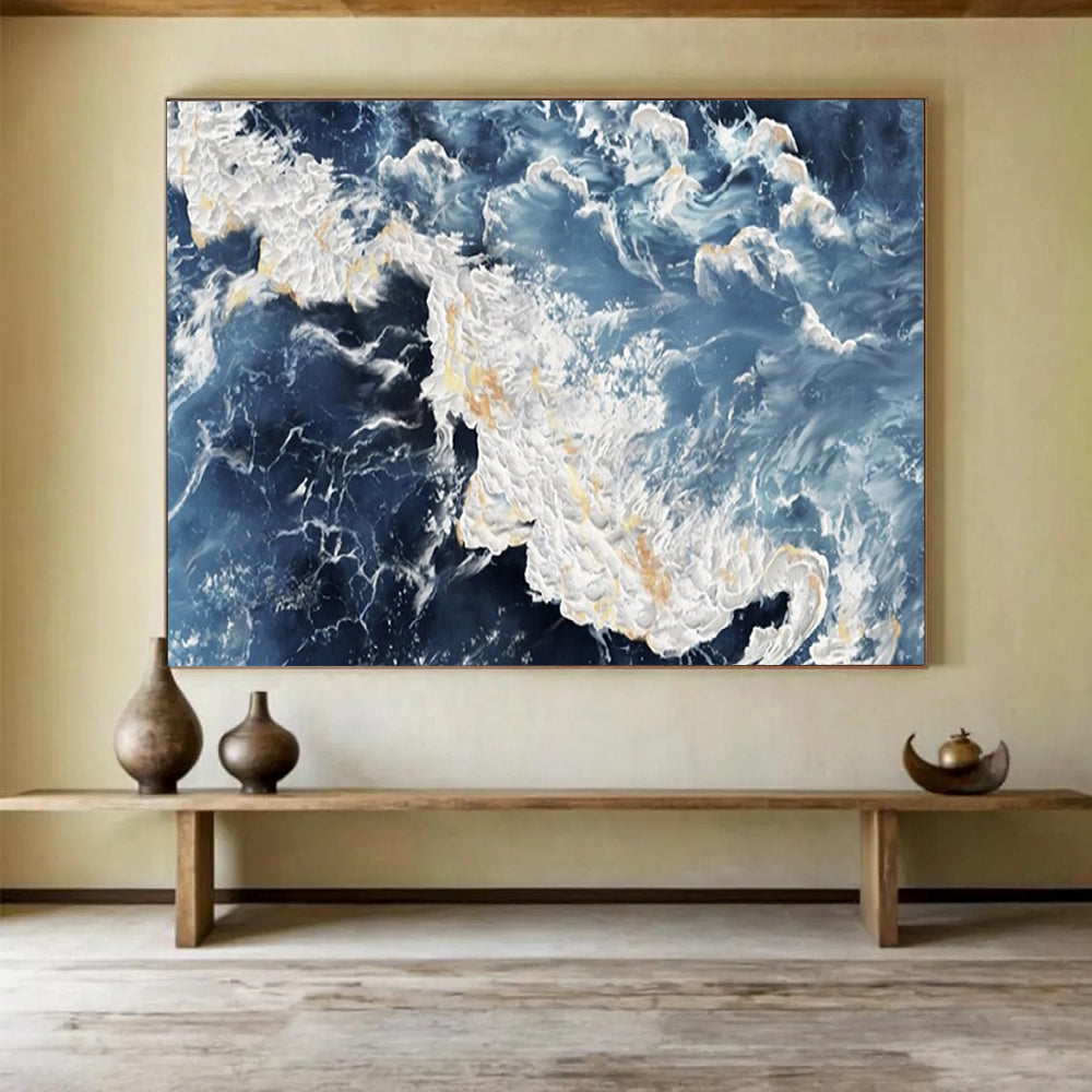 “Blue - White Turbulent Seas” - Thick - Textured Painting On Canvas PT1528