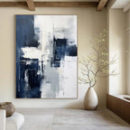 “Monochrome Grid” - Minimalist Blue & White Abstraction Painting On Canvas DS128