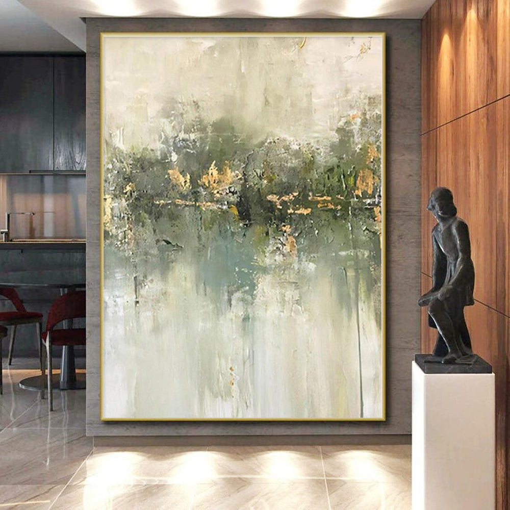 “Green & Gold Abstract Reflection” - Abstract Reflection Painting On Canvas PS0423