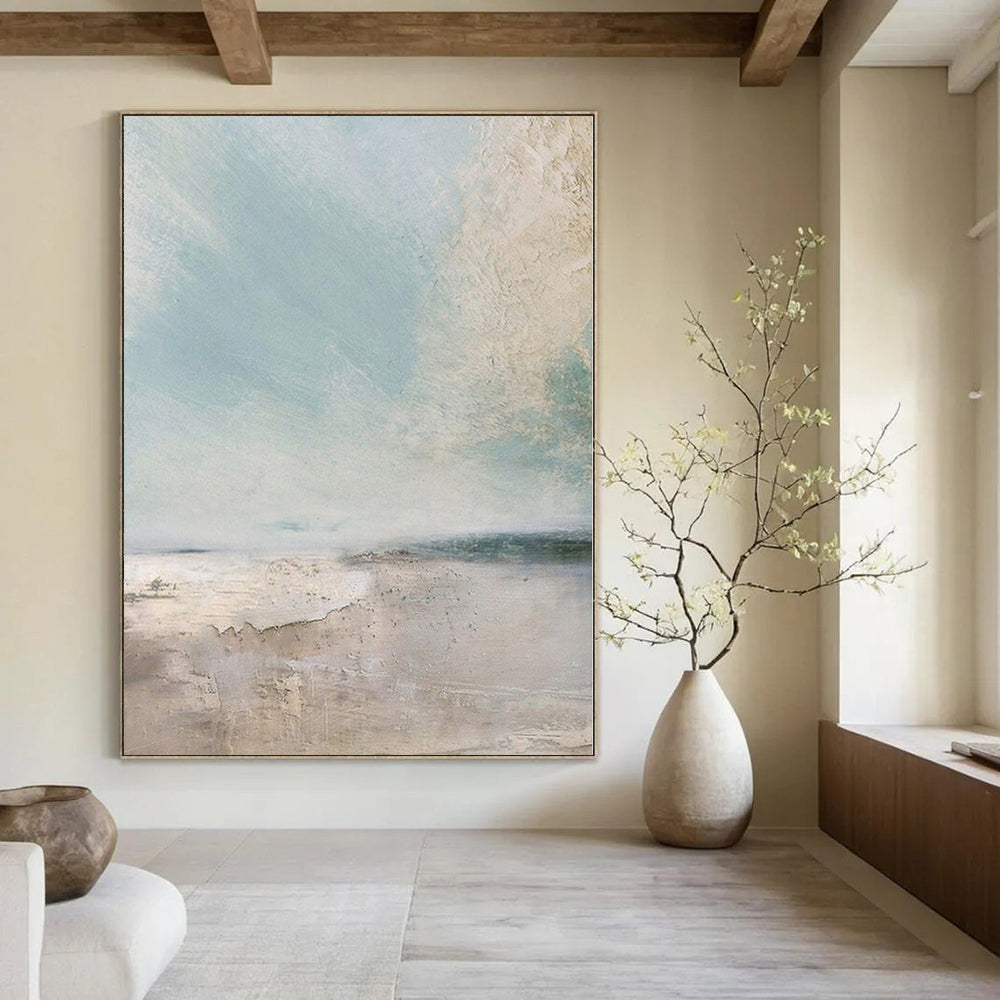 Light Blue, Beige and Gray with Subtle Coastal Textures "Seaside Stillness" Abstract Landscape Painting On Canvas PS1160
