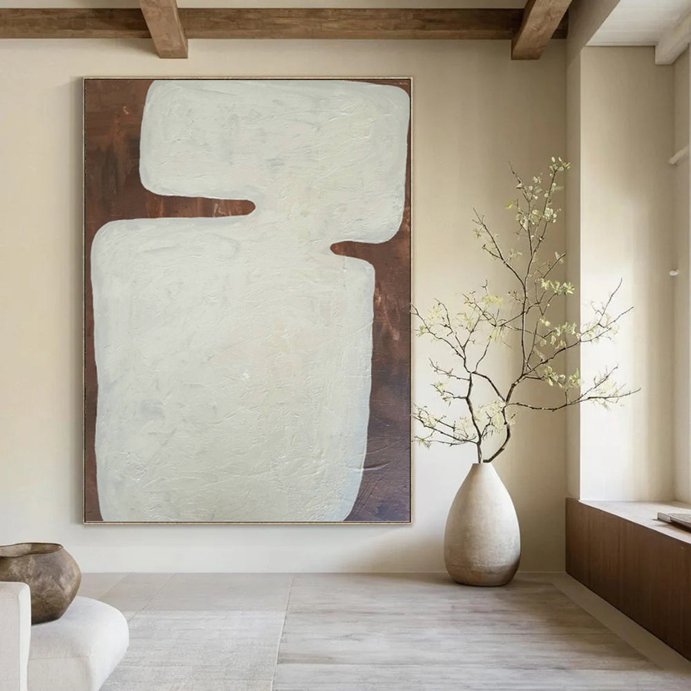 “White Geometric Form on Brown” - Textured Abstract Painting On Canvas PT1082