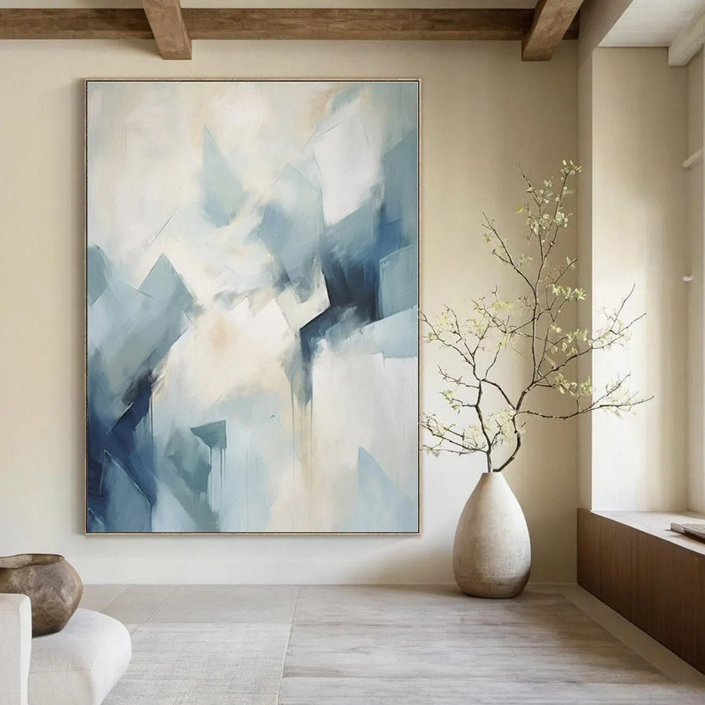 Light Blue, White with Geometric Shapes "Geometric Skies" Abstract Painting On Canvas PS1337