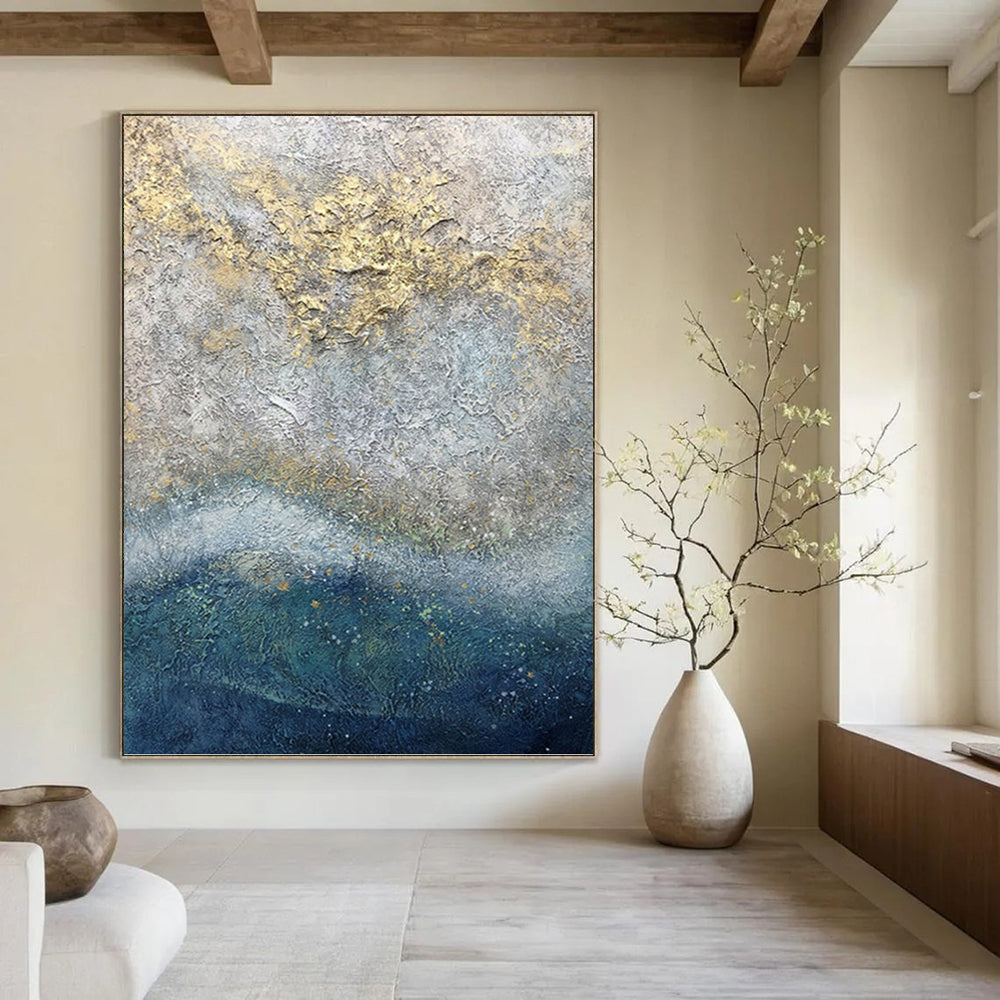 “Textured Grey - Gold: Abstract Coastal Art” - Luxe Seaside Painting On Canvas PT0958