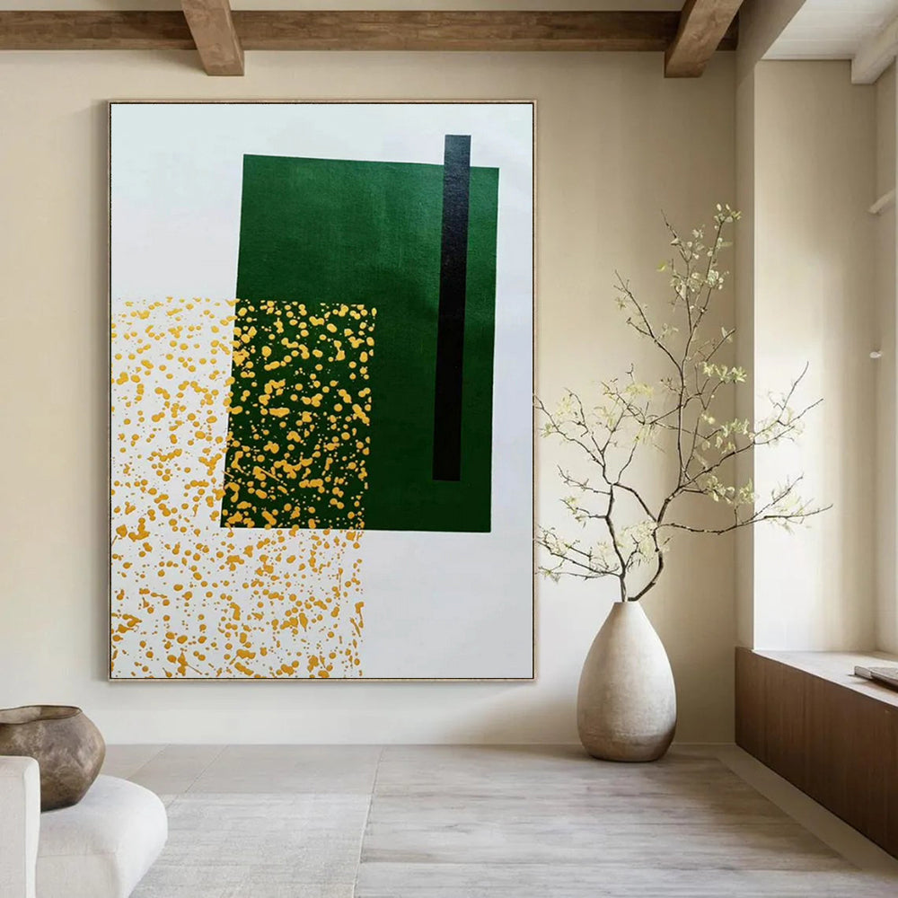 Green, Black, Yellow with Abstract Forms "Green Spark" Abstract Painting On Canvas PS1328