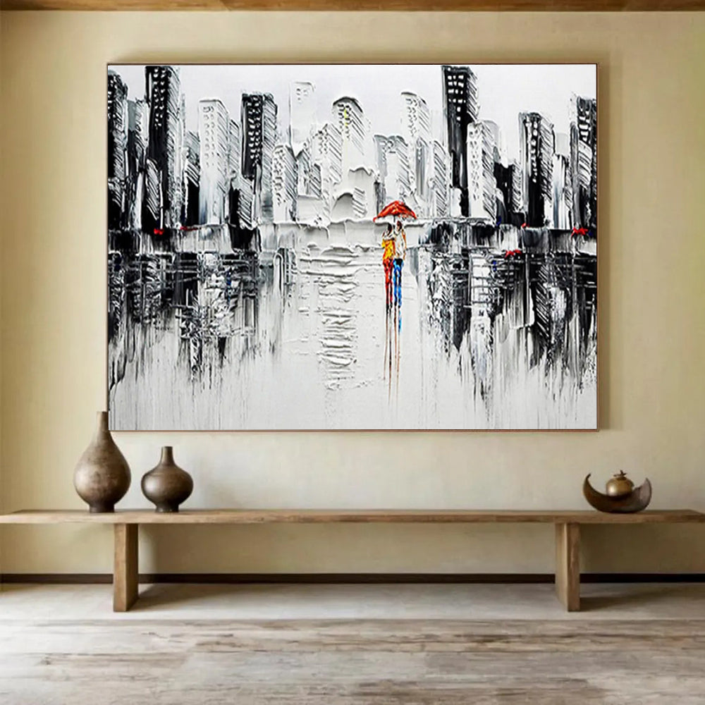 “Urban Rainy Day in Black and White with Red Accents” - Impressionistic Oil Painting On Canvas DKS895