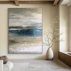 “Muted Tones Seascape: Grey, Blue, and Beige” - Abstract Coastal Painting On Canvas PT0945