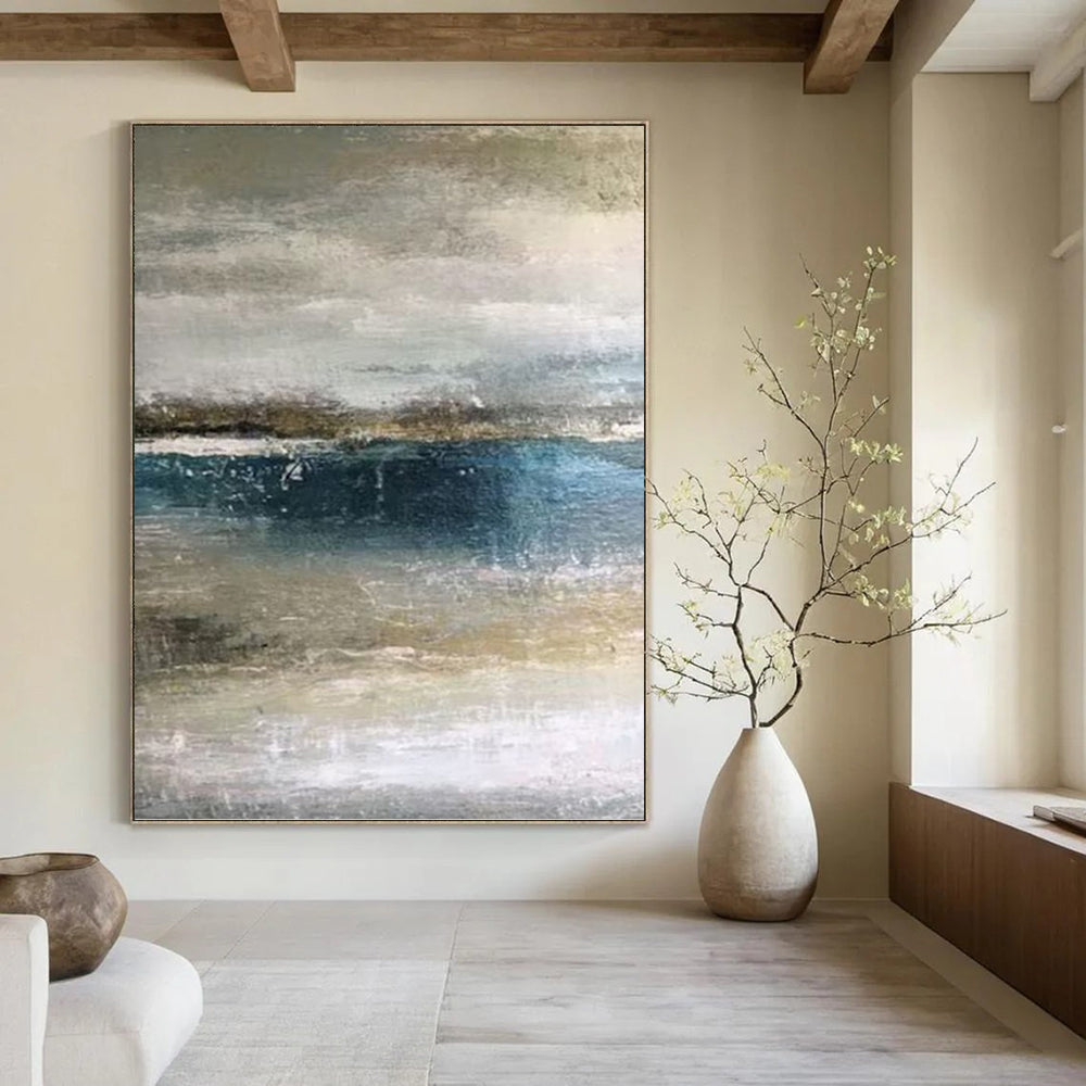 “Muted Tones Seascape: Grey, Blue, and Beige” - Abstract Coastal Painting On Canvas PT0945