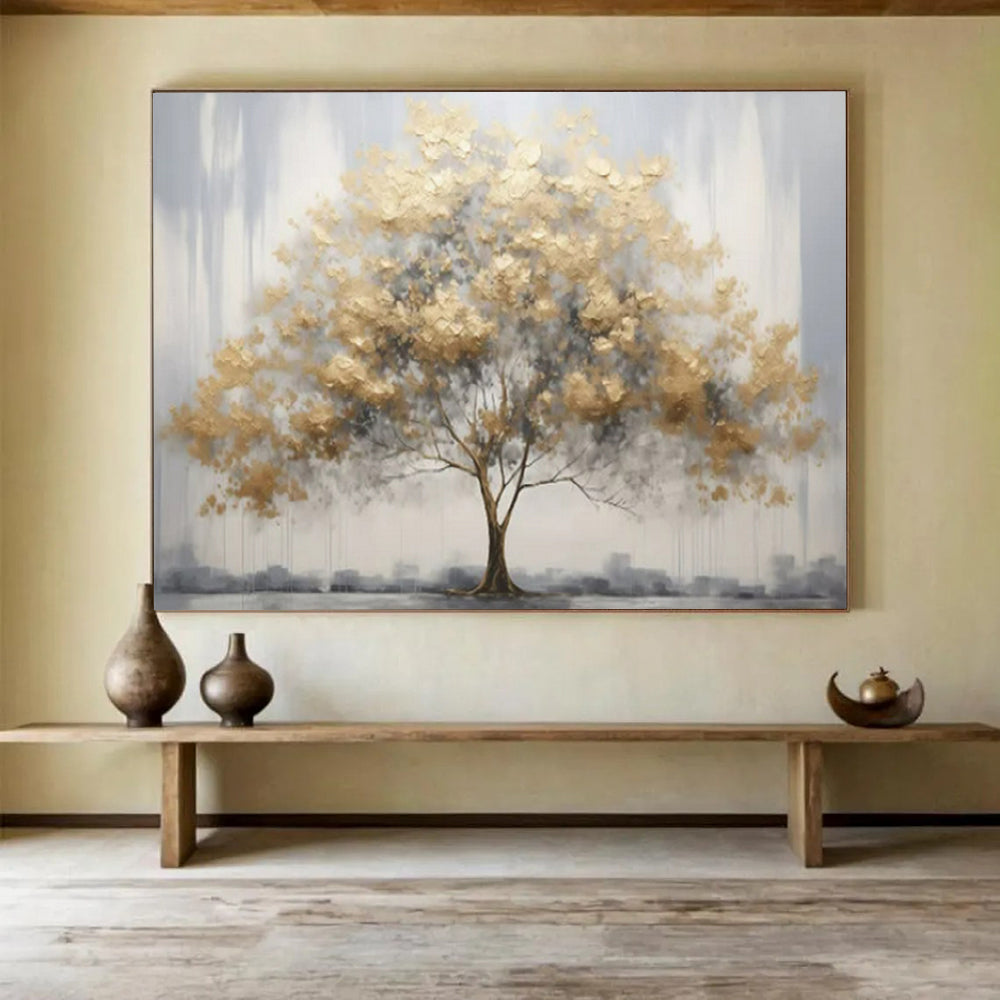 “Gold Tree on Gray” - Subtle Gold “Gilded Grove” Painting On Canvas PT1621