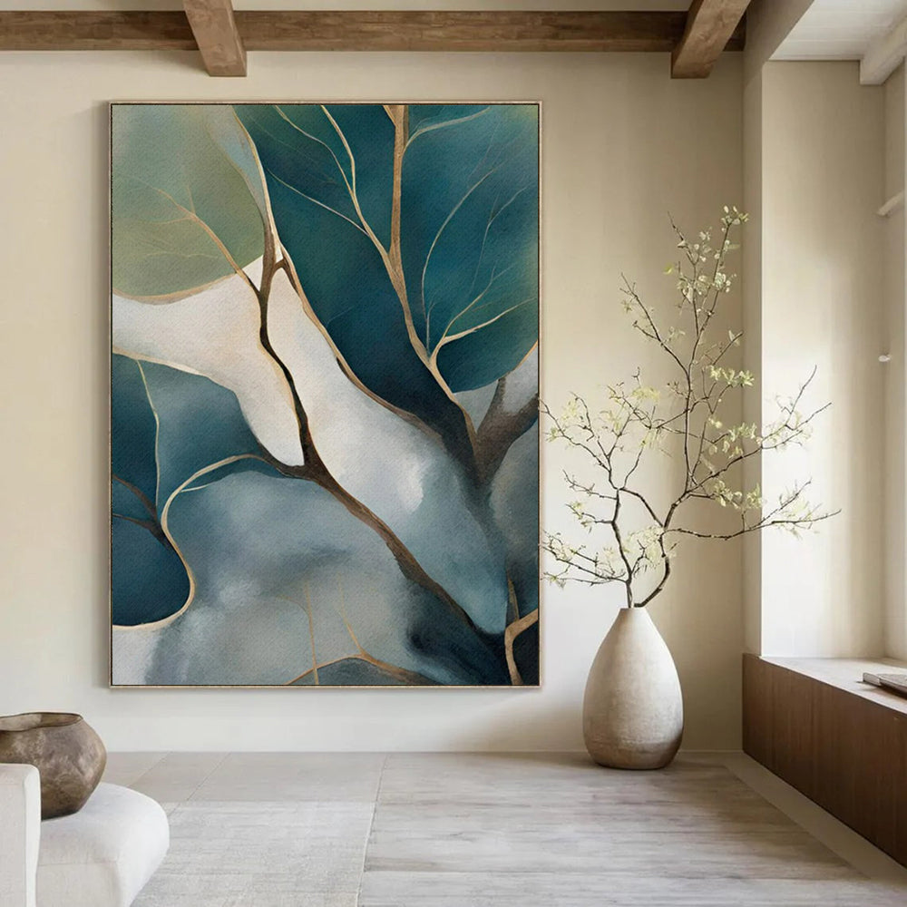 “Teal and Gold Leafy Branches” - Botanical Watercolor - Style Painting On Canvas PT2253