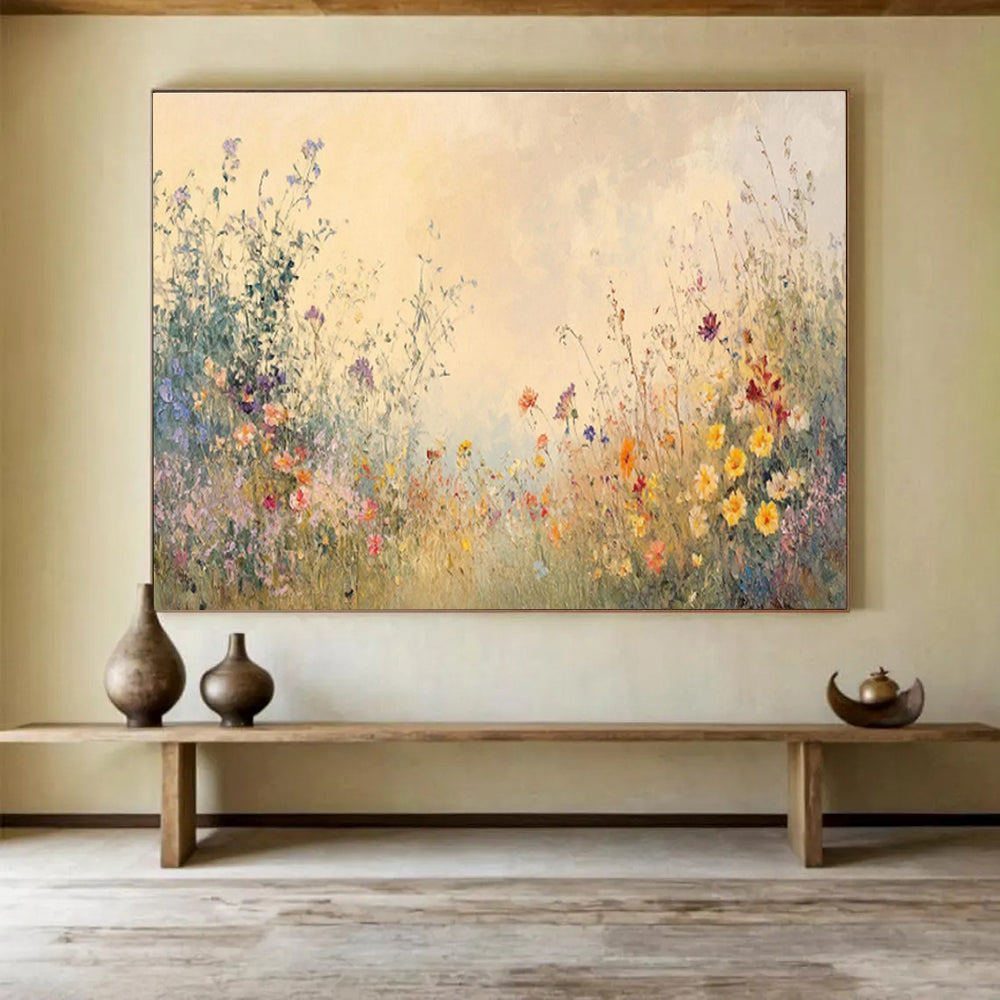 “Misty Wildflower Reverie” - Soft Pastel Floral, Impressionistic Field Painting On Canvas DKS693