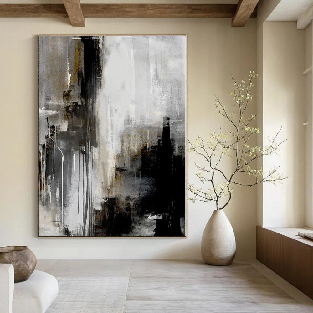 Gray, Black, White and Gold with Dripping Effects "Urban Drizzle" Abstract Painting On Canvas PS1130