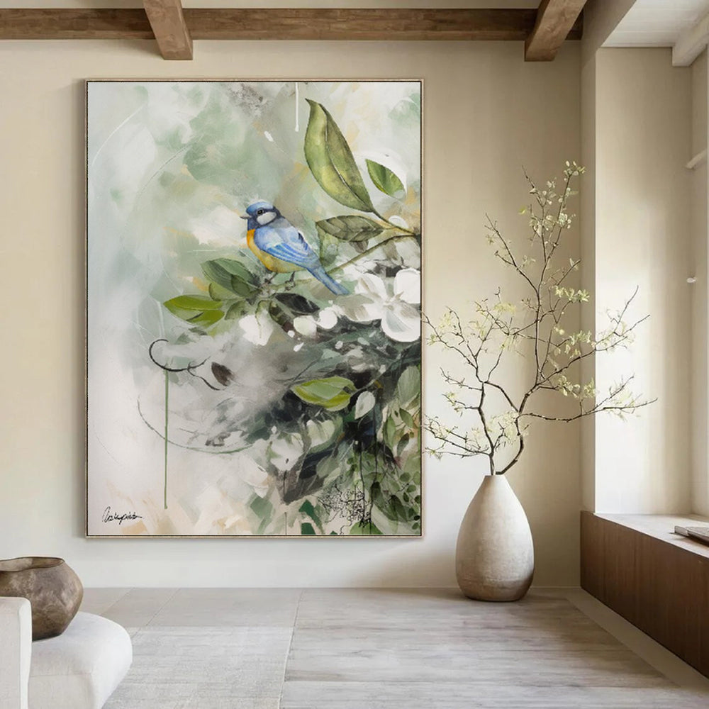 “Bird in Floral Watercolor” - Whimsical Nature Watercolor Painting On Canvas PT1085