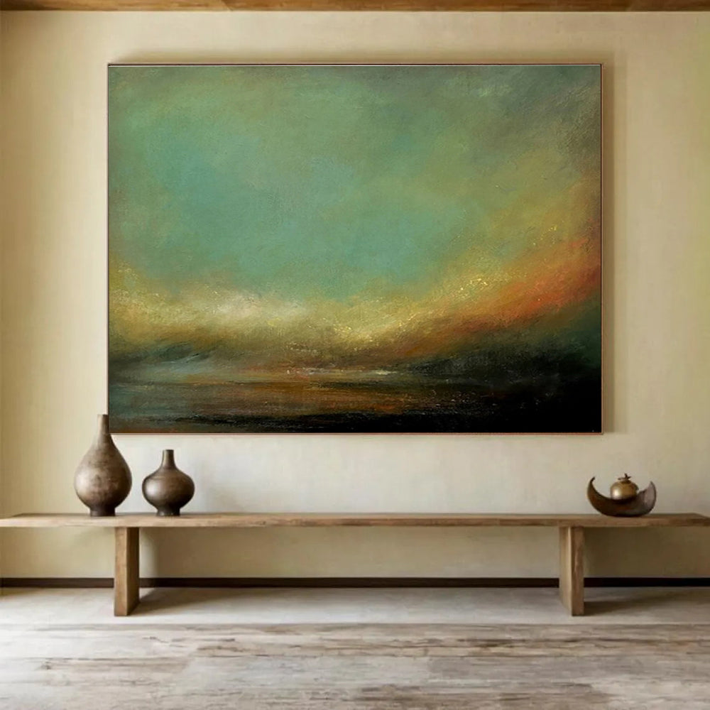 “Subtle Color Transition” - Green, Orange & Black Landscape, Impressionistic Oil Painting On Canvas DKS778