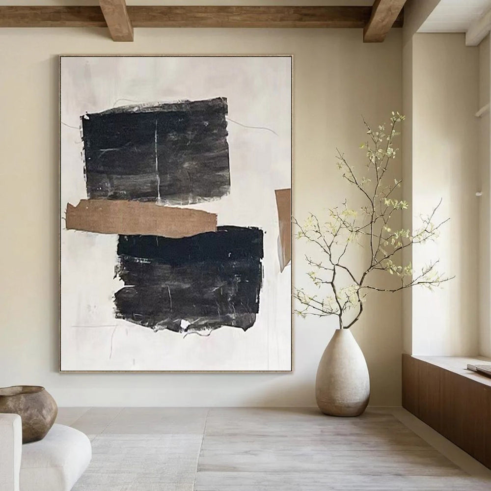 Black, Brown and White with Textured Collage Elements "Raw Fusion" Abstract Painting On Canvas PS1145