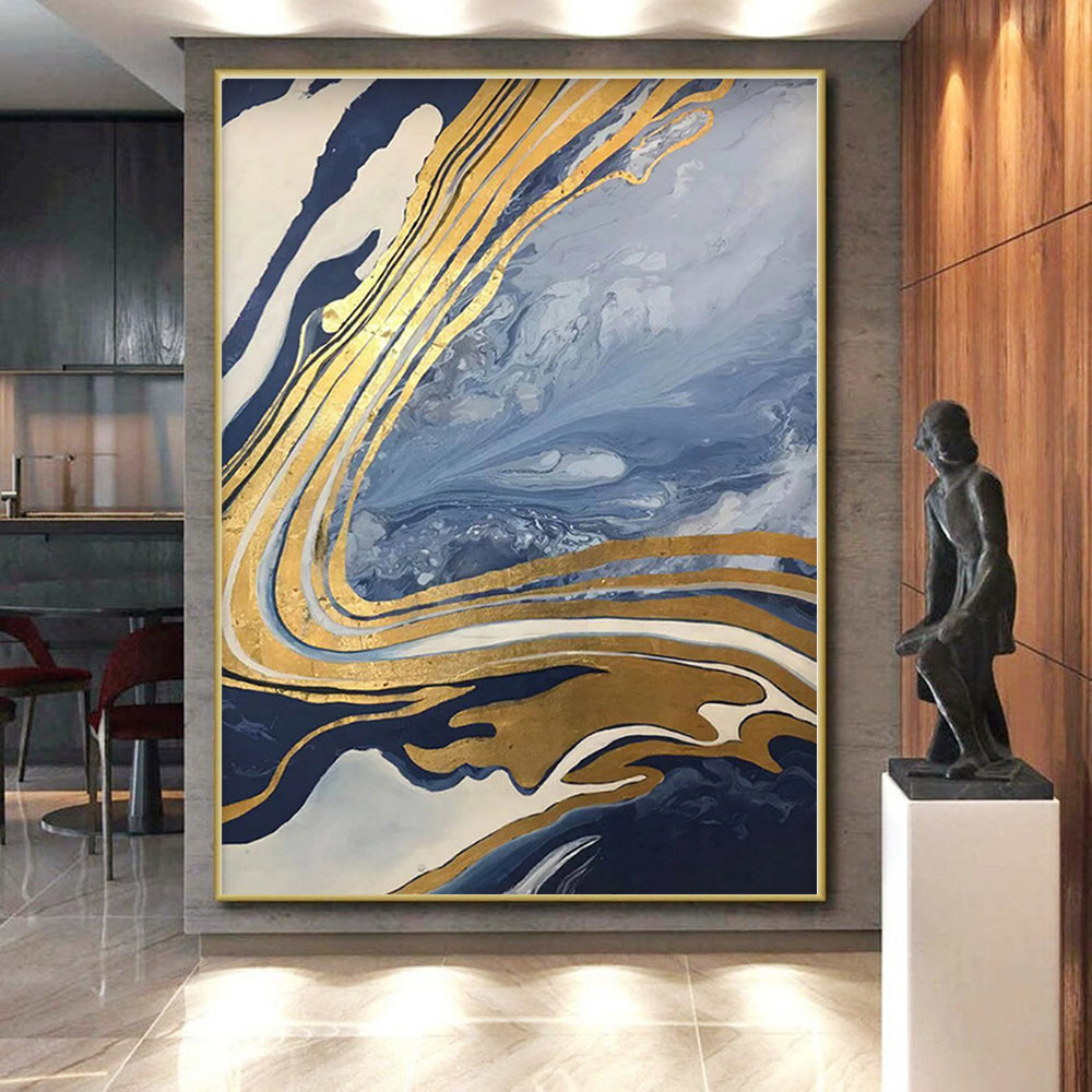 “Blue - Gold Marble Swirls” - Blue, Gold, White Abstract Marbled Painting On Canvas PS0555