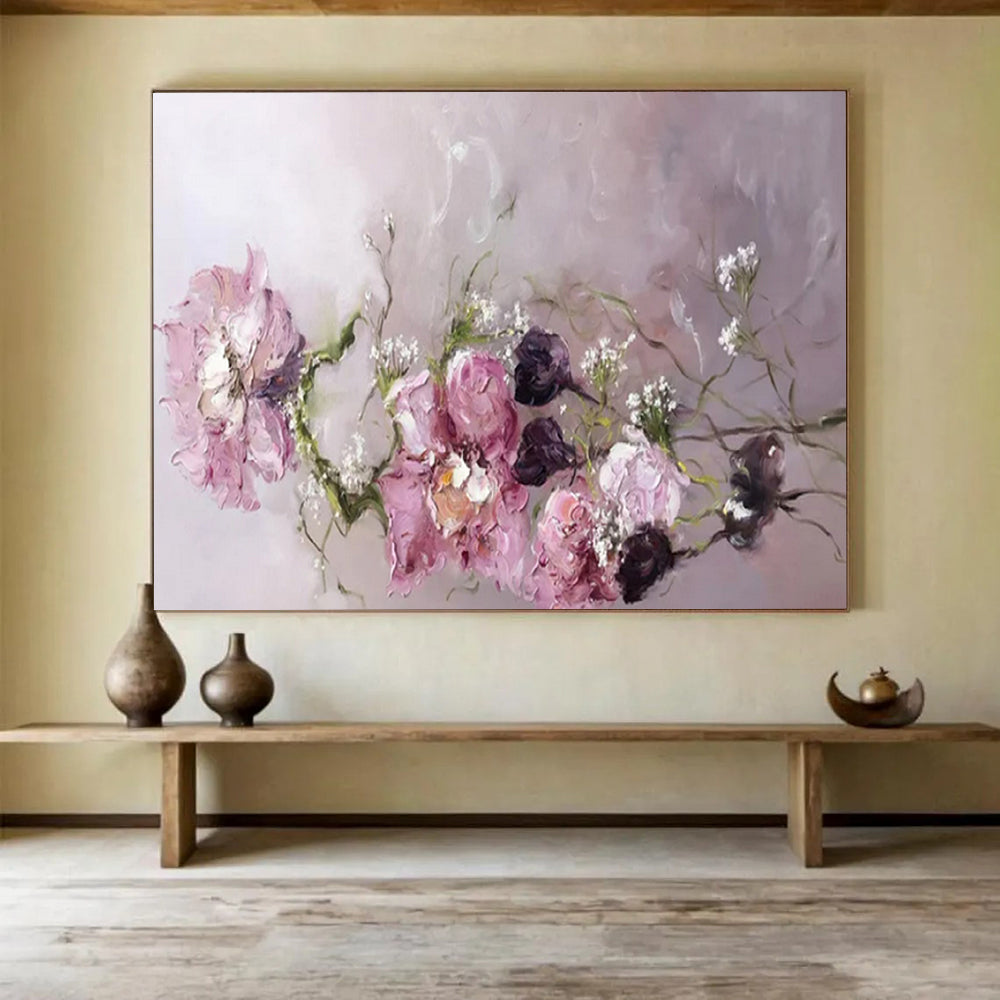 “Pink Flowers with Baby’s Breath” - Romantic Floral - Painting On Canvas PT1762