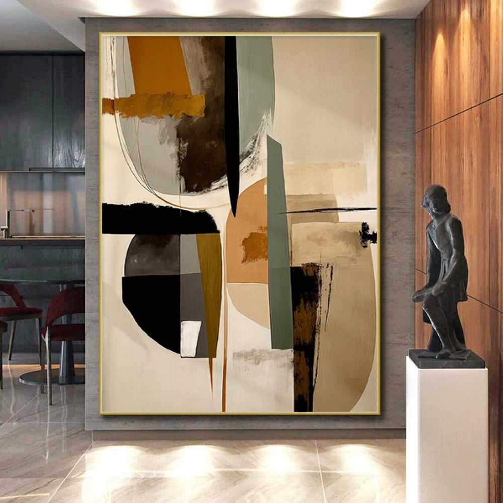 “Geometric Earth - Tone Fusion” - Brown, Green, Gray, White Abstract Geometric Painting On Canvas PS0753