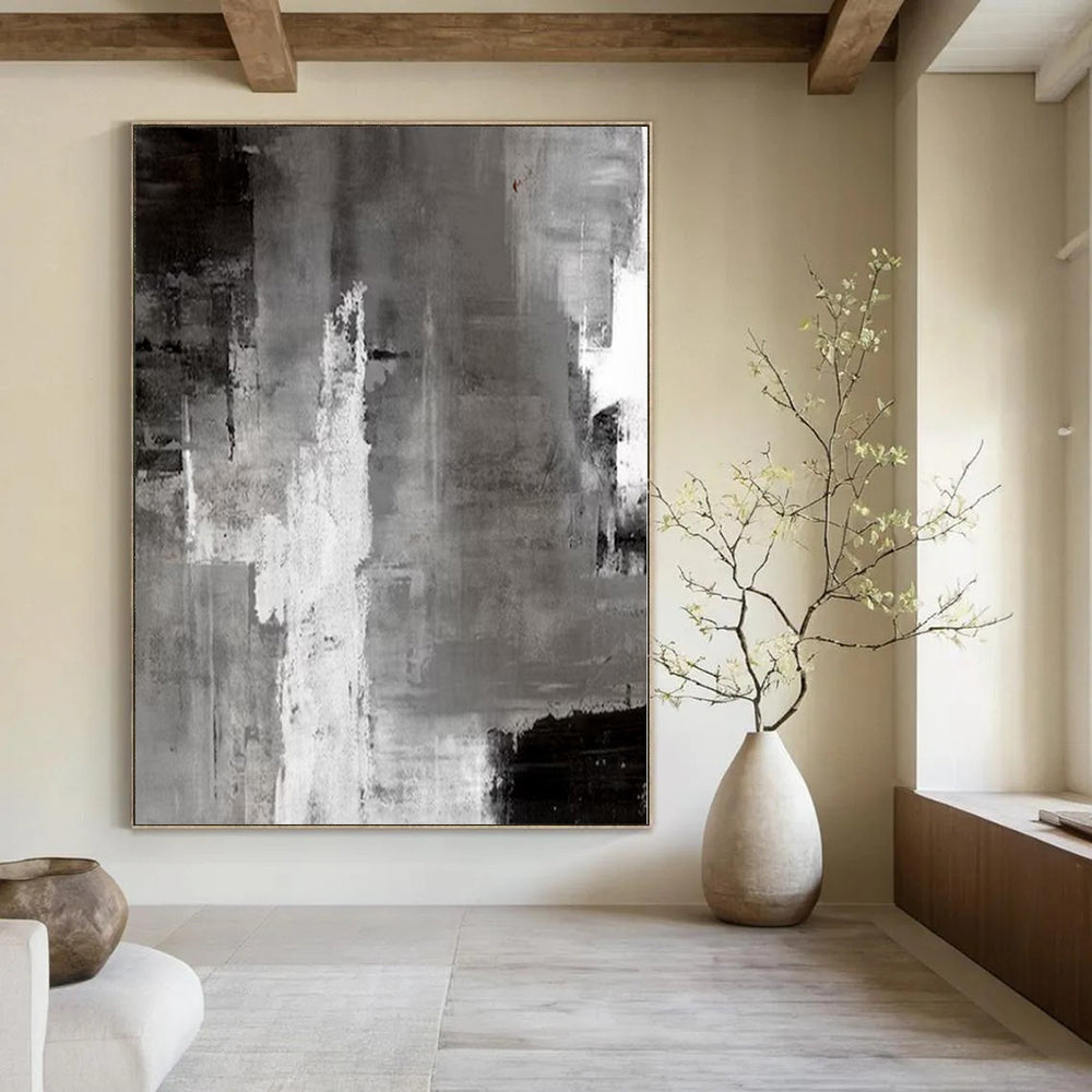 Gray, Black and White with Textured Layers "Urban Shadow" Abstract Painting On Canvas PS1124