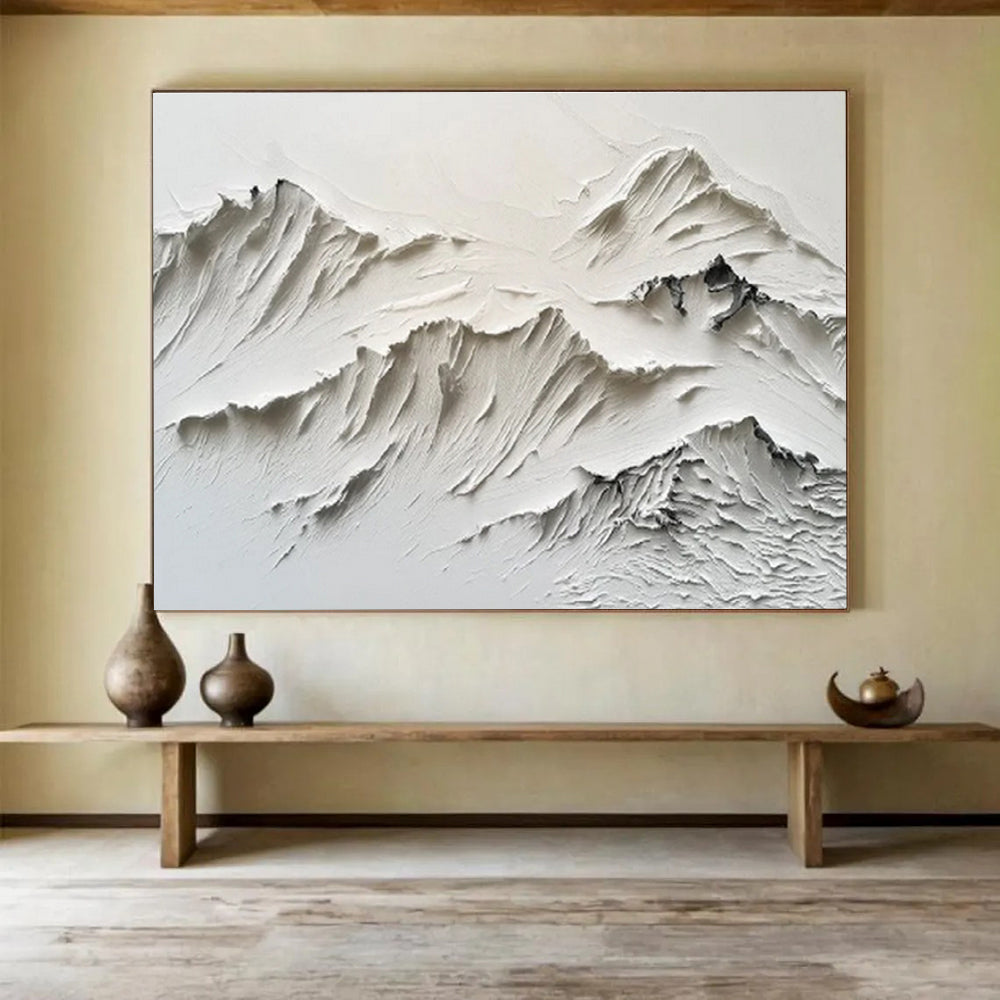 “White Textured Mountain Relief” - Sculptural Abstract Painting On Canvas DKS459