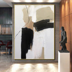 “Beige - Black Minimalist Shapes” - Beige, Black, White Abstract Painting On Canvas PS0504