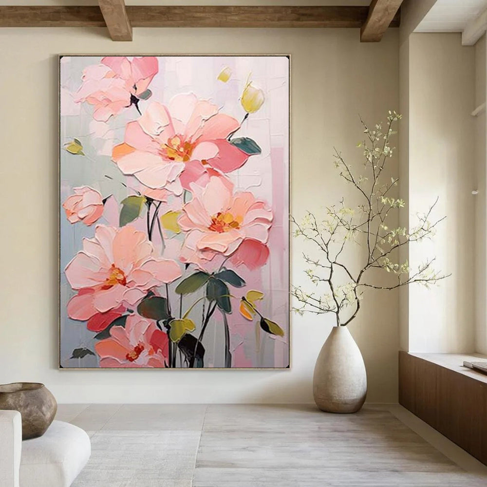 Pink Peach Blooms with Impasto Texture, Inspired by Claude Monet's Style, Floral Painting On Canvas PT2123