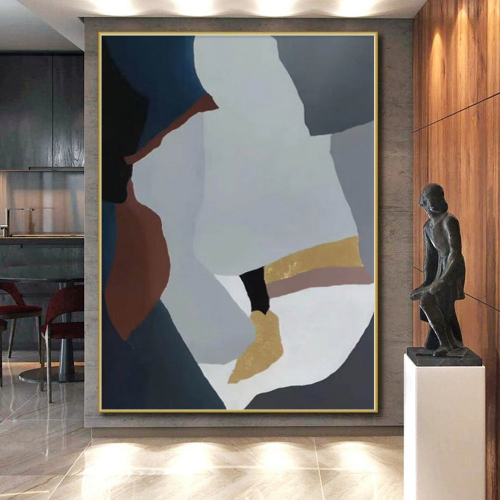 “Blue - Grey - Gold Abstract Geometric Shapes” - Chic Abstract Painting On Canvas PS0373