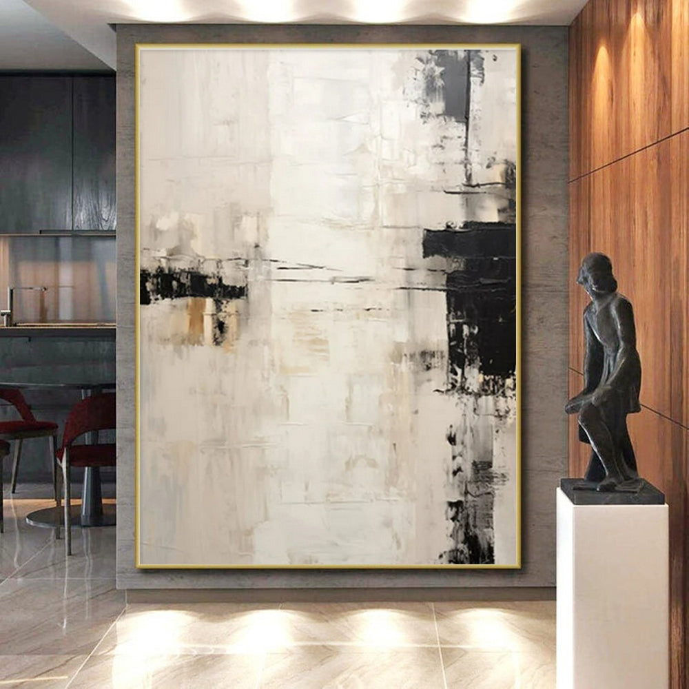 “White - Beige - Black Abstract Subtle Lines” Painting On Canvas PS0838