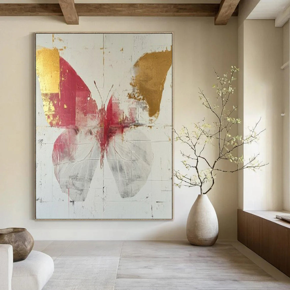 “Red and Gold Butterfly” - Contemporary Mixed - Media Painting On Canvas PT2207