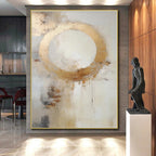“Gold - White Abstract Circle” - Gold, White, Beige Abstract Minimalist Painting On Canvas PS0586
