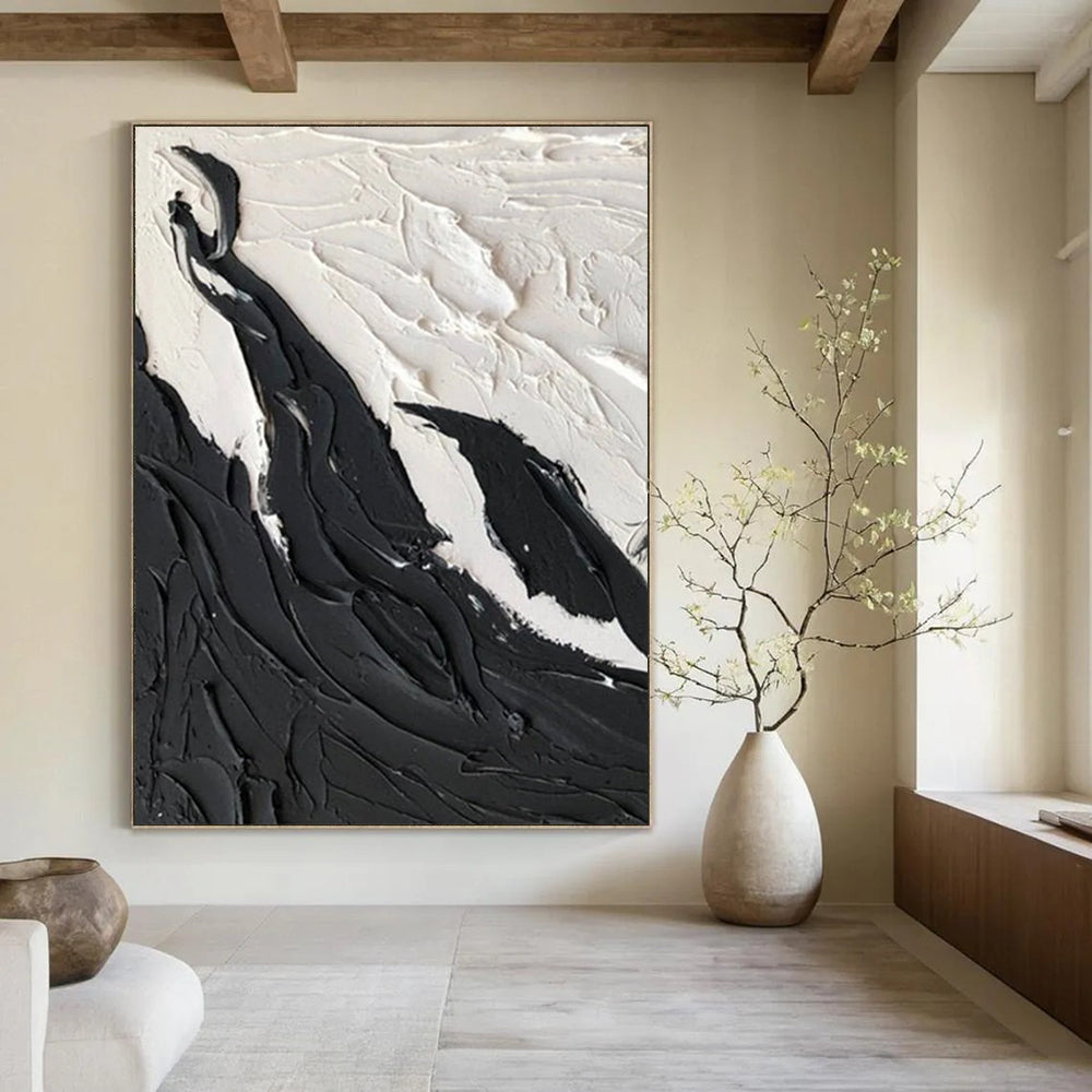 “Textured Black and White Mountain Swirls” - Tactile Abstract Painting On Canvas DS404